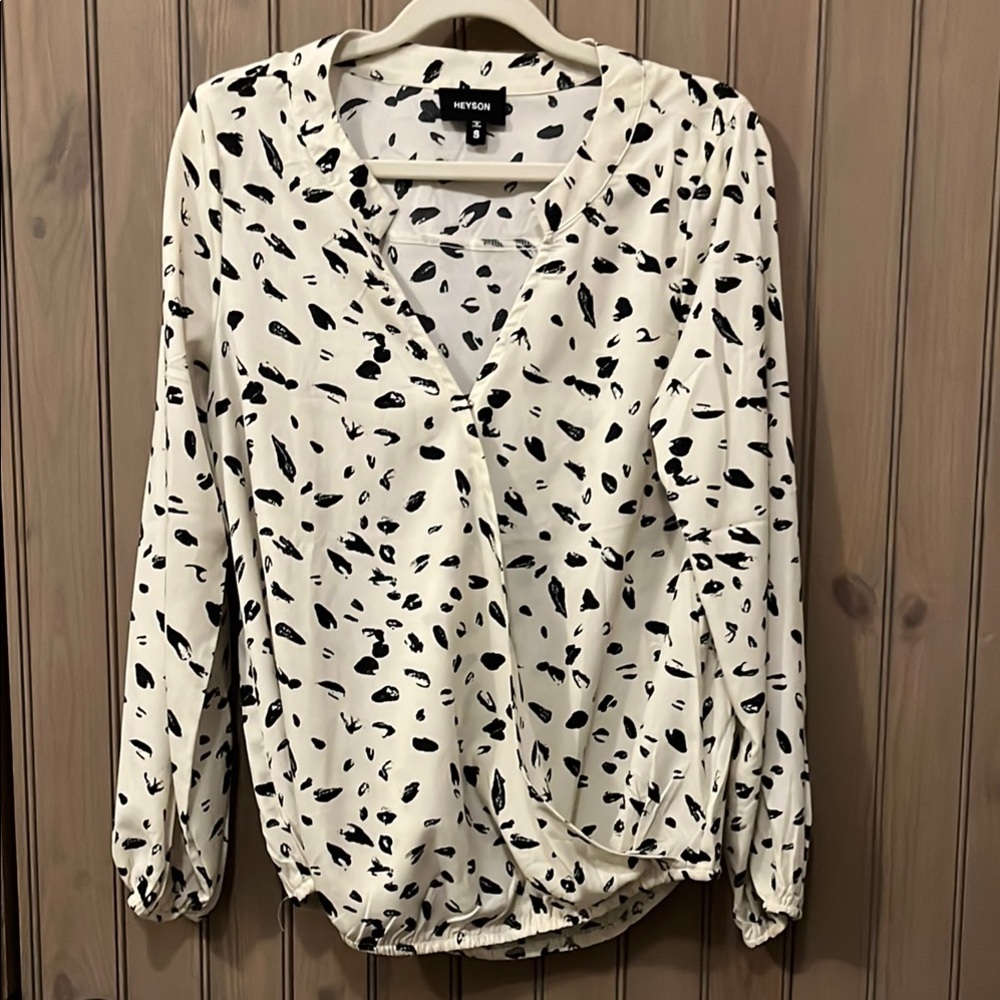 Black and White Wrap Blouse with Long Sleeves
